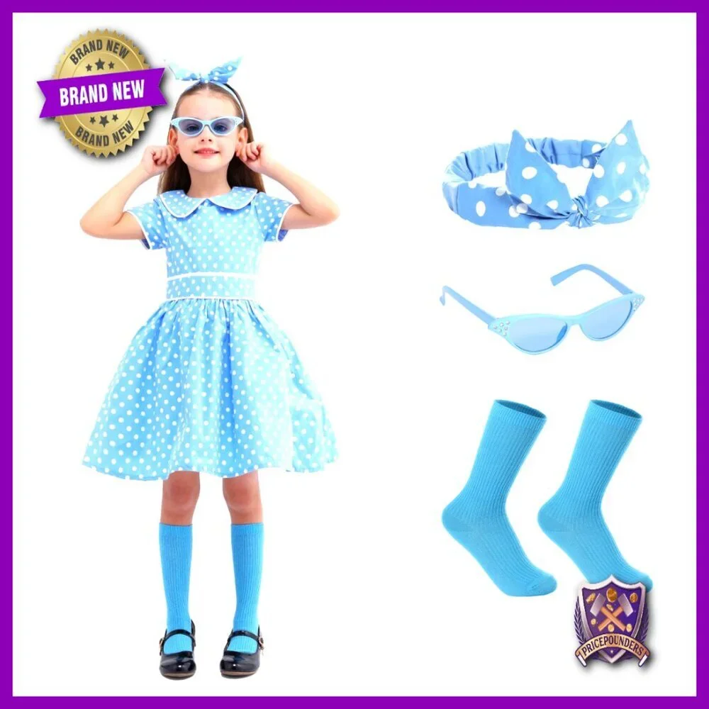 Retro 50s Polka Dot Dress Costume Set with Headband Glasses Socks